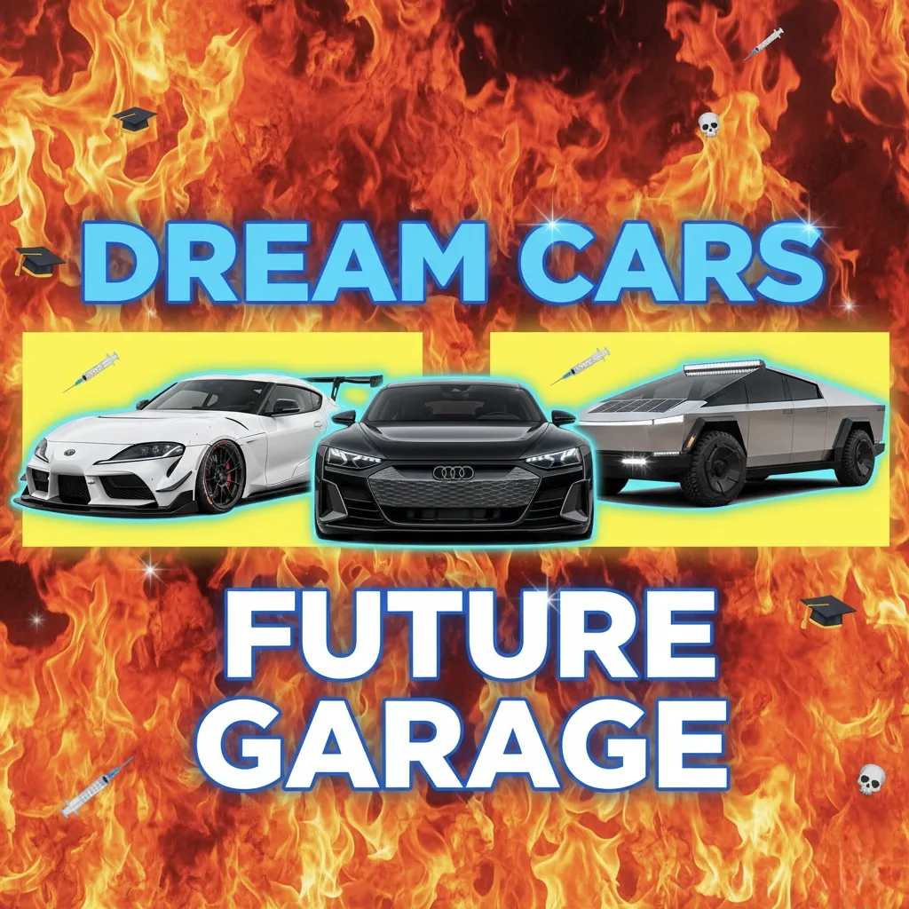 Vision board showing Toyota, Audi, and dream Cybertruck