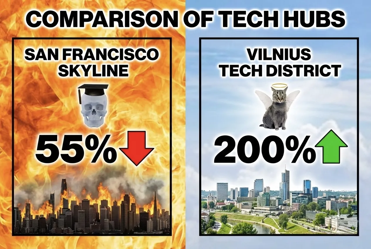 San Francisco skyline compared with Vilnius tech district